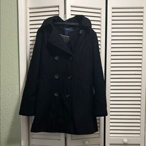 Women's Black Double-Breasted Hooded Peacoat